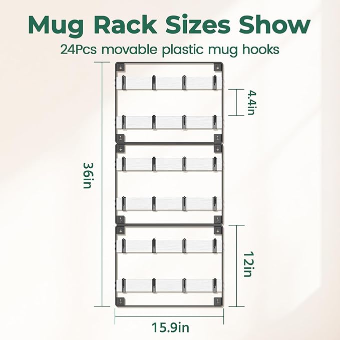 EsLuker.ly Mug Holder Hanger Rack Wall Mounted Wooden 3 Pack Coffee Cup Storage Organizer Display Shelf with 24 Removable Plastic Hooks, Ideal for Mug Collectors, White-Black