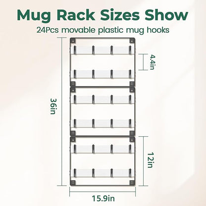 EsLuker.ly Mug Holder Hanger Rack Wall Mounted Wooden 3 Pack Coffee Cup Storage Organizer Display Shelf with 24 Removable Plastic Hooks, Ideal for Mug Collectors, White-Black