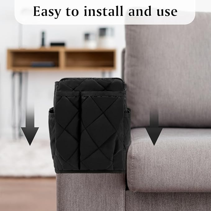 HADEEONG Remote Control Holder, Non Slip Bedside Armchair Caddy, Recliner Arm Caddy Armrest Organizer with 14 Pockets for Cell Phone TV Remote Control Magazines, Black
