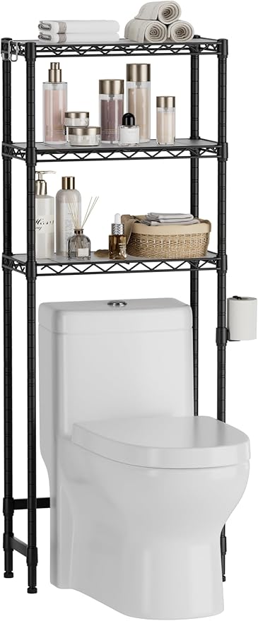 Golpart 3-Tier Over The Toilet Storage Shelf,Heavy Duty Adjustable Metal Bathroom Rack with Toilet Paper Holder & Hooks,Space-Saving Organizer for Bathroom,10”D x 24”W x 66”H,Black