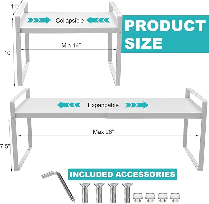 Expandable Cabinet Shelf, Lengths Adjustable Shelf Organizer Riser, Metal Space-Saving Cupboard Organizers for Kitchen Cabinet Pantry Cupboard Under Sink Countertop, Black