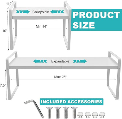 Expandable Cabinet Shelf, Lengths Adjustable Shelf Organizer Riser, Metal Space-Saving Cupboard Organizers for Kitchen Cabinet Pantry Cupboard Under Sink Countertop, Black