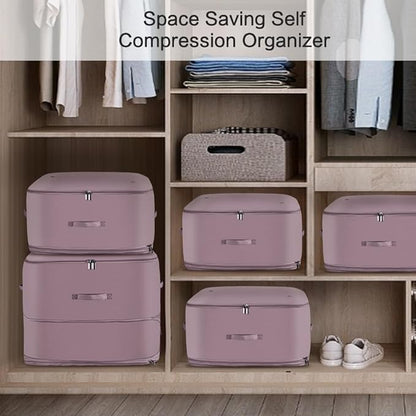 Space Saving Self Compression Organizer,Compression Storage Bags for Bedding and travel,Storage bags for Blankets Duvet Quilts Pillows, Comforter Storage with zippered ventilation holes（pink XL）