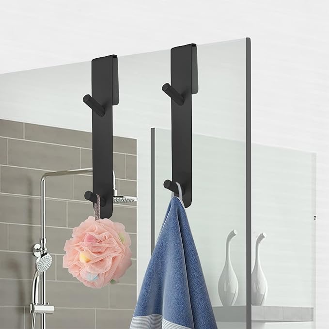 KITHOLD Shower Door Hook, Extended Length Frameless Shower Door Hook (7 Inch), Heavy-Duty Bathrobe Towel Stainless Steel Hook, No Drilling or Adhesive Required, 2-Pack, Black