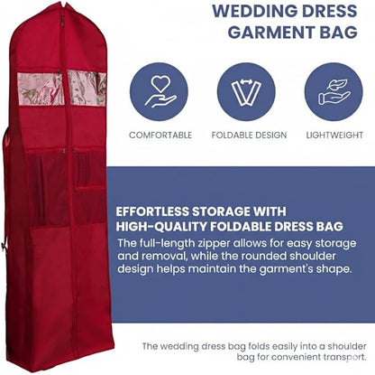 Sturdy Oxford polyester fabric - 72" Wedding Dress Garment Bag - Shoulder Strap - Accessory Pockets - Attaches to Suitcase – Waterproof – Trifold – Designed for Full Skirts – Carry Handle (Red)