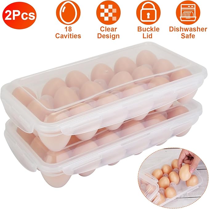 2 Pack Covered Egg Holders For Refrigerator, Plastic Storage Container/Deviled Egg Tray Carrier with Lid Fits 18X2 Eggs(36 Eggs)