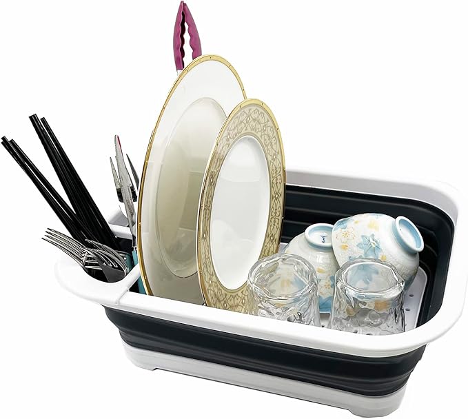 SAMMART 7.3L (1.9 Gallon) Collapsible Plastic Dish Drainer with Drainer Board-Foldable Drying Rack Set - Portable Dinnerware Organizer-Space Saving (White/Charcoal Black)