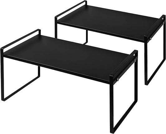 Nxconsu 2Pack Cabinet Shelves Stackable Organizer Rack Riser for Kitchen Cabinet Pantry Cupboard Counter Countertop Home Organization Storage Space Saver Heavy Duty Metal Nonslip Black Tall