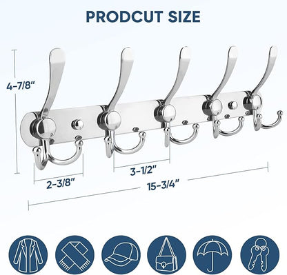 TICONN Wall Mounted Coat Rack, Five Heavy Duty Tri Hooks All Metal Construction for Jacket Coat Hat in Mudroom Entryway (Chrome, 2-Pack)