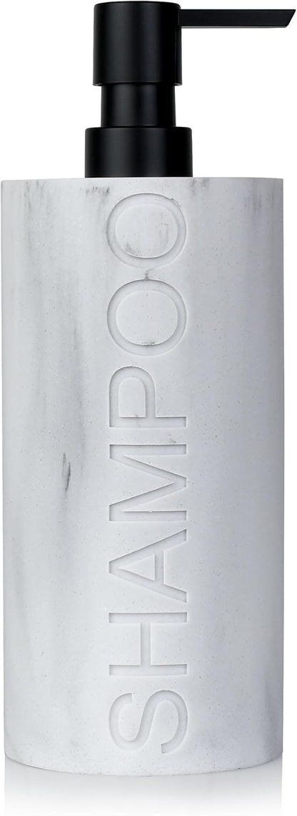 Indecor Home Resin White Marbled Shampoo Engraved Bottle Refillable Pump Dispenser, Durable Waterproof Construction for Bath, Shower - Resin White Marble - Matte Black Pump