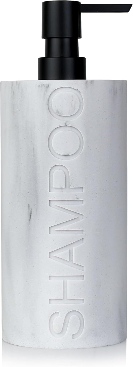 Indecor Home Resin White Marbled Shampoo Engraved Bottle Refillable Pump Dispenser, Durable Waterproof Construction for Bath, Shower - Resin White Marble - Matte Black Pump