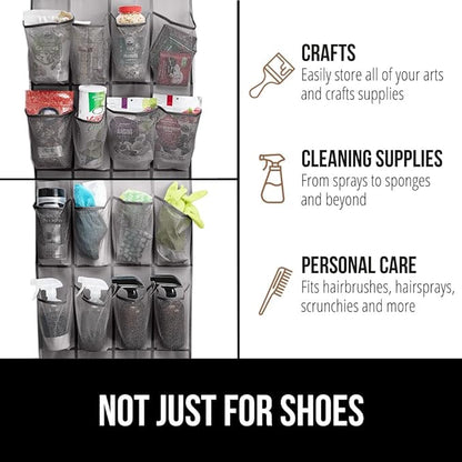 GORILLA GRIP Over the Door Shoe Organizer, 35 Large Breathable Mesh Pockets, Space Saving Hanging Storage Holder, 5 Hook Closet Rack Hanger, Hangs on Closets for Shoes, Accessories 68.5H x 24.5W Gray