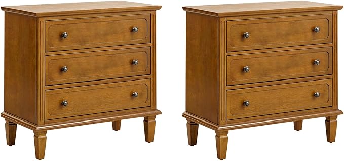 HULALA HOME 3 Drawer End Table with Charging Station, Wooden Drawer Organizer with Wood Legs, Mid Century Modern End Table Set of 2, Acorn