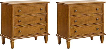 HULALA HOME 3 Drawer End Table with Charging Station, Wooden Drawer Organizer with Wood Legs, Mid Century Modern End Table Set of 2, Acorn