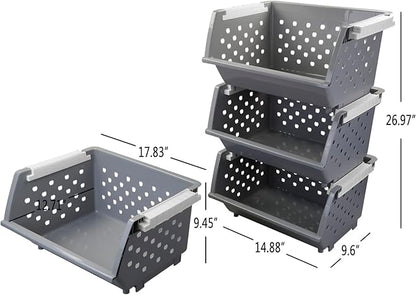 3 Pack Gray Large Stacking Basket Bin, Open Front Stackable Storage Baskets