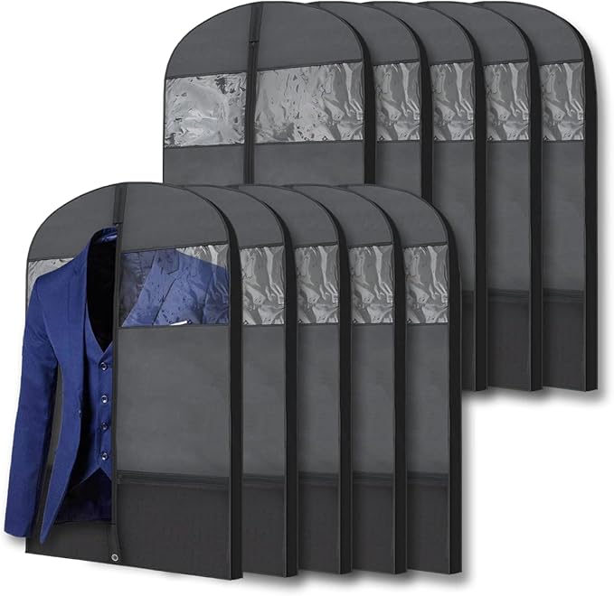 Plixio Gusseted Garment Bags Suit Bag for Travel and Clothing Storage of Dresses, Dress Shirts, Coats— Includes Zipper Pockets and Large Transparent Window (10 Pack: 43" x 24" x 3.4")
