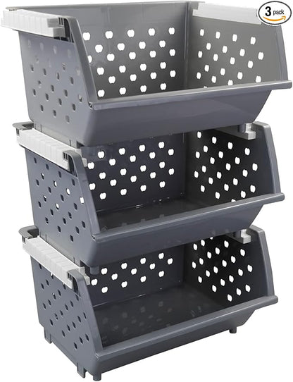 3 Pack Gray Large Stacking Basket Bin, Open Front Stackable Storage Baskets