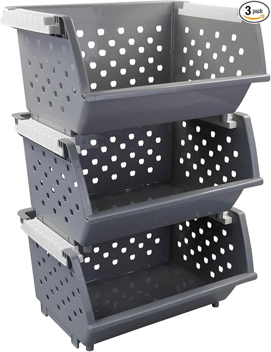 3 Pack Gray Large Stacking Basket Bin, Open Front Stackable Storage Baskets