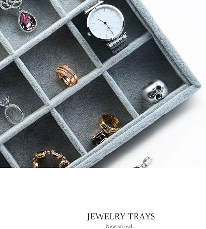 Oirlv 24 Grid Ice Velvet Jewelry Drawer Organizer Tray Stackable Jewelry Trays Removable Dividers for Rings Earring Storage Display