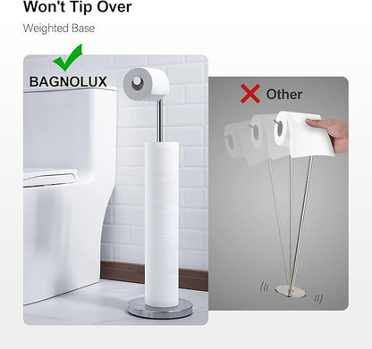 BAGNOLUX Bathroom Toilet Paper Holder Stand with Reserve, SUS304 Stainless Steel Rustproof Pedestal Tissue Roll Holder Heavy Duty, Polished Chrome