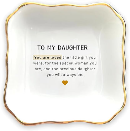 HatafaFurni Ring Dish Holder for Daughter from Mom, To My Daughter Ceramic Jewelry Trinket Dish, Daughter Gifts from Mom for Graduation Christmas Wedding - You Are Loved For the Little Girl You Were
