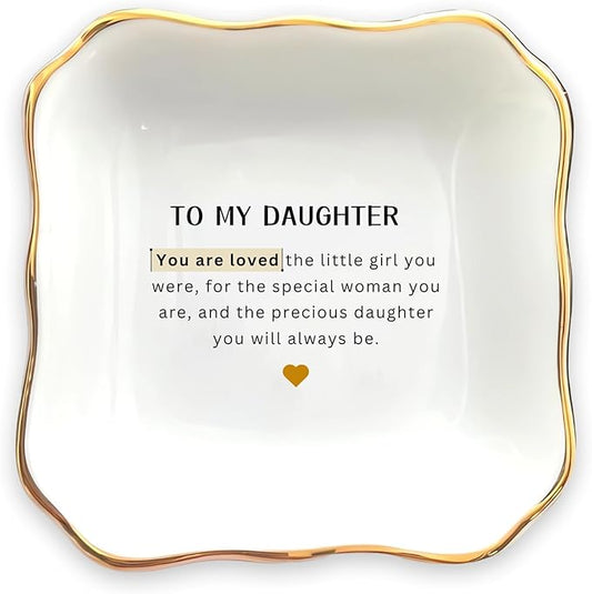 HatafaFurni Ring Dish Holder for Daughter from Mom, To My Daughter Ceramic Jewelry Trinket Dish, Daughter Gifts from Mom for Graduation Christmas Wedding - You Are Loved For the Little Girl You Were