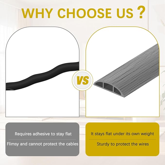 Floor Cord Cover 3.3FT Cord Covers for Wires on Floor Protect Wires & Prevent Trip Hazards, Easy to Cut for Home, Office, School, Concerts, Cavity W0.6in x H0.32in