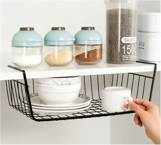 Under Shelf Storage Basket, Pantry Organizers and Storage Laundry Room Organization Under Cabinet Shelf Multipurpose Metal Under Shelf Wire Basket for Kitchen Office Desk (26cm/10in)