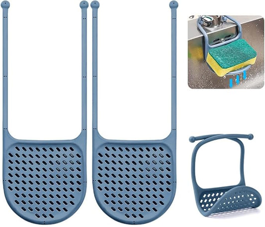 WALLFID 2 Pack Sink Sponge Holder, Adjustable Silicone Suction Cup Caddy for Sponges, Scrubbers, Soap, Kitchen, Bathroom (Denim Blue)
