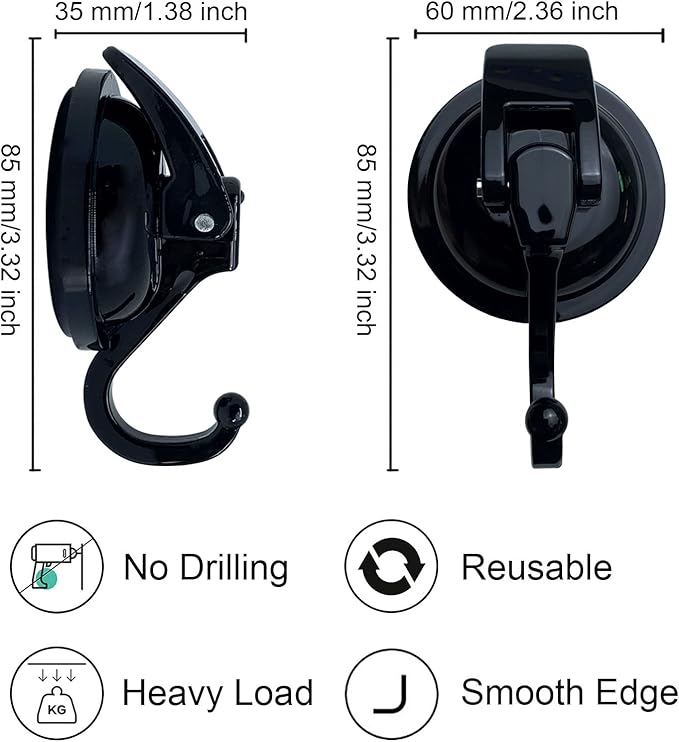 YSSILADI Heavy Duty Suction Cup Hooks for Shower, Bathroom Robe, Garland Decoration - Vacuum Glass Hooks, Reusable, No Hole Punched (Black, 4 Pack)