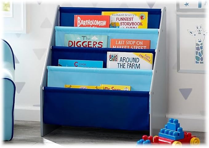 Delta Children Sling Book Rack Bookshelf for Kids - Easy-to-Reach Storage for Books, Magazines or Coloring Books - Ideal for Playrooms & Homeschooling, Grey/Blue