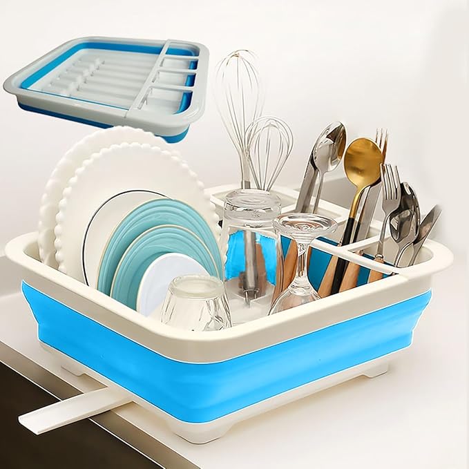 Collapsible Dish Rack Foldable Dish Drying Rack Portable Dish Drainer Dinnerware Organizer Rack Folding Tableware Storage Rack Cutlery Rack for Kitchen Counter RV Camper Accessories (White Blue)