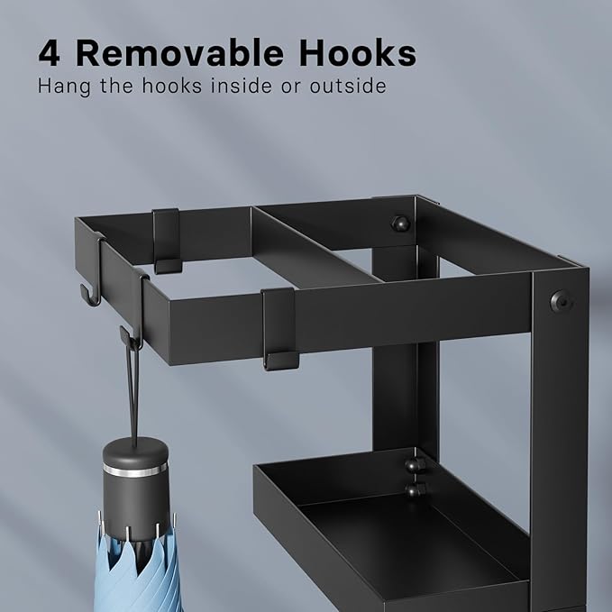 Umbrella Stand, Steel Umbrella Holder Rack with Small Shelf, for Entryway, Office, 4 Hooks, Black