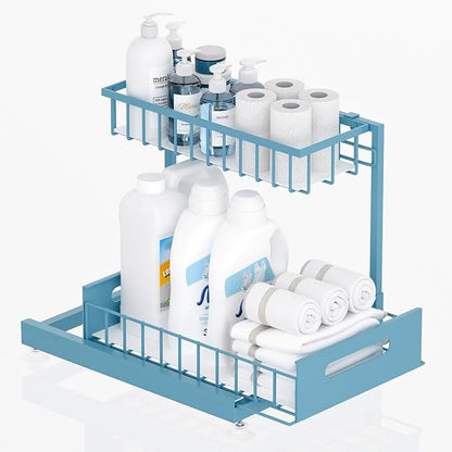 Under Sink Organizer Storage 2-Tier Premium Metal Pull-Out Racks, Height Adjustable, Heavy Dut and Easy Installation for Kitchen & Bathroom Organizers 1 Pack Teal