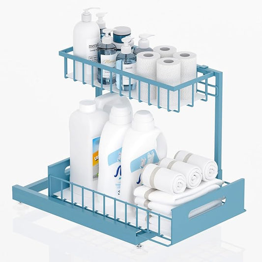 Under Sink Organizer Storage 2-Tier Premium Metal Pull-Out Racks, Height Adjustable, Heavy Dut and Easy Installation for Kitchen & Bathroom Organizers 1 Pack Teal