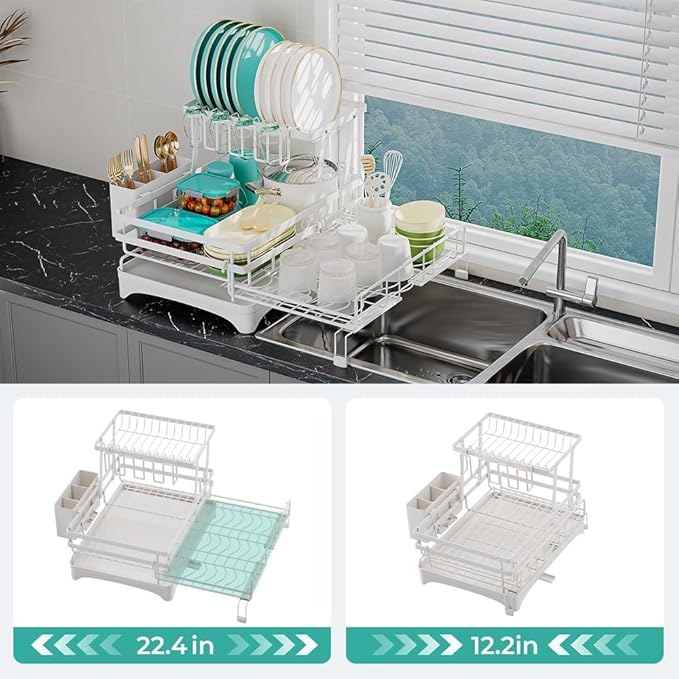 HANLE 2 Tier Large Dish Drying Rack - Extendable Dish Rack, 2-in-1 Anti-Rust Stainless Steel Dishrack for Kitchen Counter and Sink, Dish Strainer with Utensil Holder & Cup Holder(White)