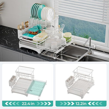 HANLE 2 Tier Large Dish Drying Rack - Extendable Dish Rack, 2-in-1 Anti-Rust Stainless Steel Dishrack for Kitchen Counter and Sink, Dish Strainer with Utensil Holder & Cup Holder(White)