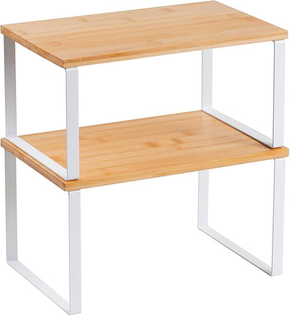 Kitchen Cabinet Organizer Shelf, Set of 2 Stackable Counter Shelves, Small Wood Cabinet Riser Shelf for Pantry Cupboard Spice Dish Mug Cup, Expandable, Metal Engineered Wood (Beige & White, 11.7''W)