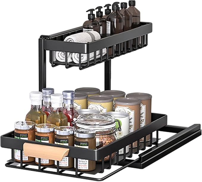 2-Tier Sliding Under Sink Organizer, L-shape Pull Out Cabinet Organizers, Multi-purpose Sink Storage Shelves, Metal Mesh Drawer Organizer for Bathroom Kitchen (Black, Pull-Down Style)