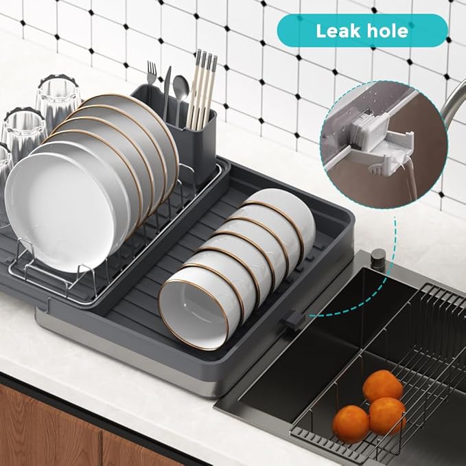 YOJIA Stainless Steel Dish Drying Rack, Extendable Dish Drainer Rack, Drainboard, Detachable Cup Shelf, Rustproof Multifunctional Organizer for Kitchen Counter, Cup Holders, Utensil Holder (Grey-Dish)
