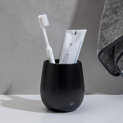 Black Ceramic Toothbrush Holder - 11Oz Small Bathroom Tooth Brushing Holders, Reusable Mouthwash Cup, Toothpaste Holder, Makeup Brush Holder, Pen Holder for Bathroom Countertop, 1PC