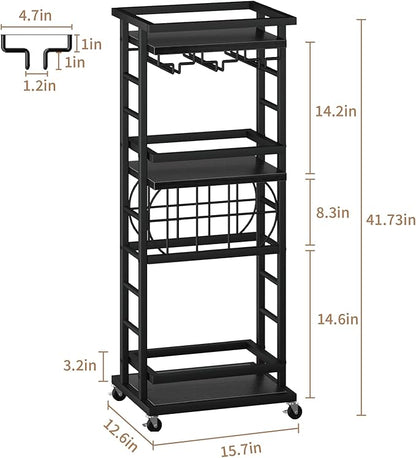 4 Tier Bar Cart with Wheels, Home Bar Serving Cart, Rolling Mini Wine Cart with Wine Rack and Glass Holder, Drink Cart for Dining Room, Living Room, Kitchen, Bar and Outdoor Black