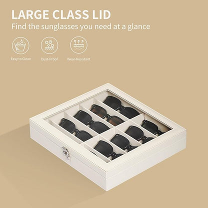 AUTOARK Large Top Glass Lid Sunglasses Organizer Case,10-Slot PU Leather Lockable Storage Box for Eyeglasses,Watch,Jewelry,Gift for Home,Beige,MKAW-113