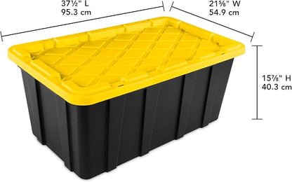 Sterilite 38 Gal Industrial Tote, Stackable Storage Bin with Snap-Fit Lid for Garage, Basement & Attic Storage, Black Base and Yellow Lily Lid, 4-Pack