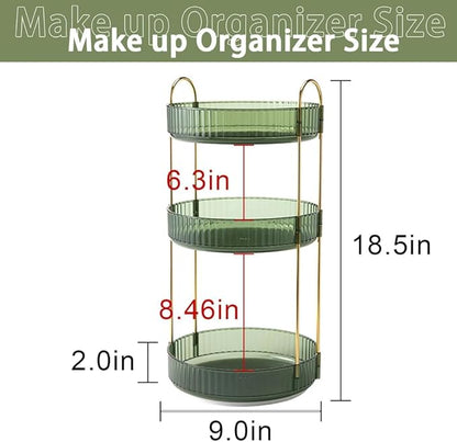 Satpurush 360° Rotating Makeup Organizer, 3 Tier Spinning Cosmetic Organizer for Vanity & Bathroom Countertop, Holds Tall Skincare Bottles, Perfume & Beauty Accessories – Clear Green
