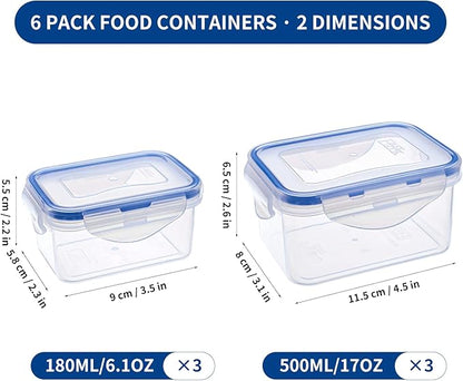 KIGI 6 Pack 6OZ 17OZ Mixed Size Airtight Plastic Food Storage Containers Set Rectangular Small Bento Box Storage Boxes