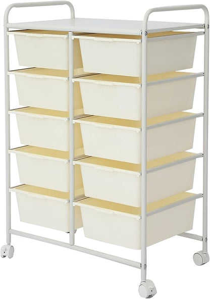 Rolling Cart with 10 Drawers, Plastic Drawer Cart with Metal Frame, Multipurpose Art Craft Cart Organizer with Wheels, Utility Cart with Drawers for Home, Office, School, White