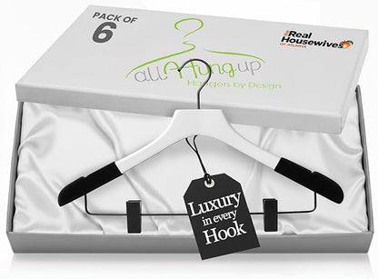 All Hung Up Hangers - Wooden Hangers with Clips for Women, Solid Wood Skirt & Suit Hangers, Heavy-Duty Adjustable Non-Slip Design with Velvet Grip, White with Black Velvet, 6 pcs