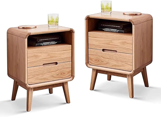 Vadisun Solid Wood Nightstand Set of 2, Mid Century Modern Nightstand with Drawers, Natural Wood Nightstand with Storage, Wooden Night Stand, Small Nightstands, Bedside Table for Bedroom(23.23" H)