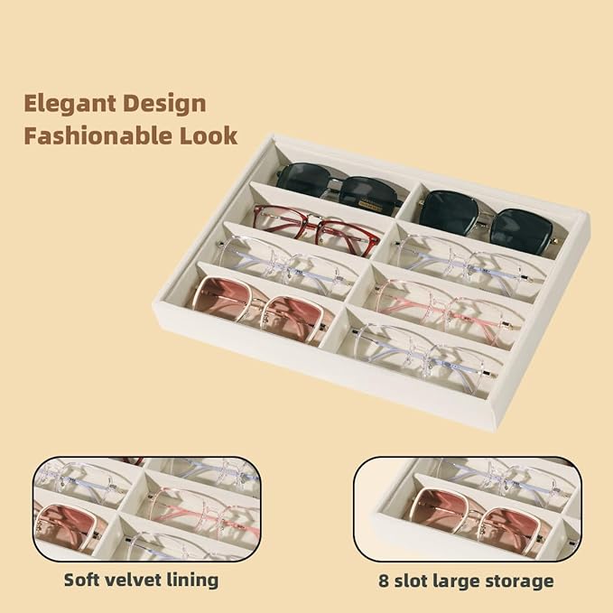XHMQYC Glasses Holder Box Drawer Sunglass Organizer for Men Clear Wide Storage Case 8 Slots Multiple Reading Glasses Display, Beige Velvet